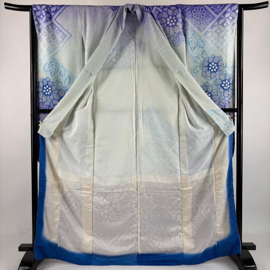 絞り加工 正絹振袖 全て揃ったフルセットパールコーデ身長158-168ゆったり 振袖 身丈168.5cm 裄丈64cm M 袷 草花 菱 総絞り ぼかし 水色 正絹