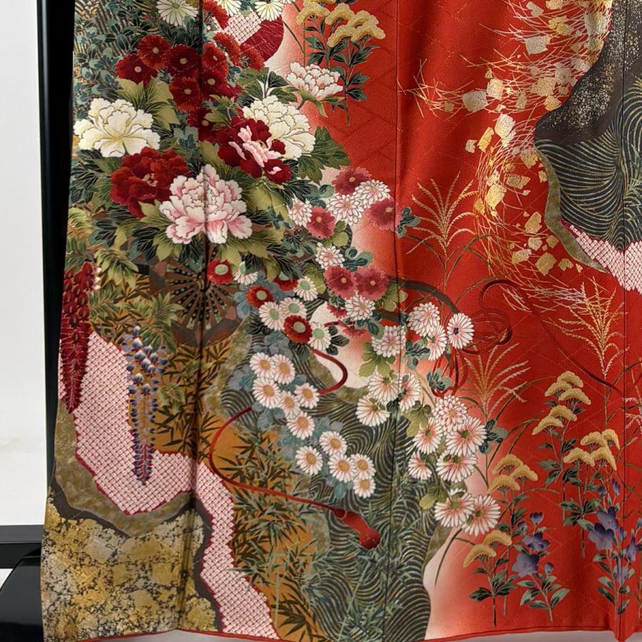 振袖 身丈167cm 裄丈64.5cm M 袷 花車 菊 金通し 金銀彩 朱色 正絹 