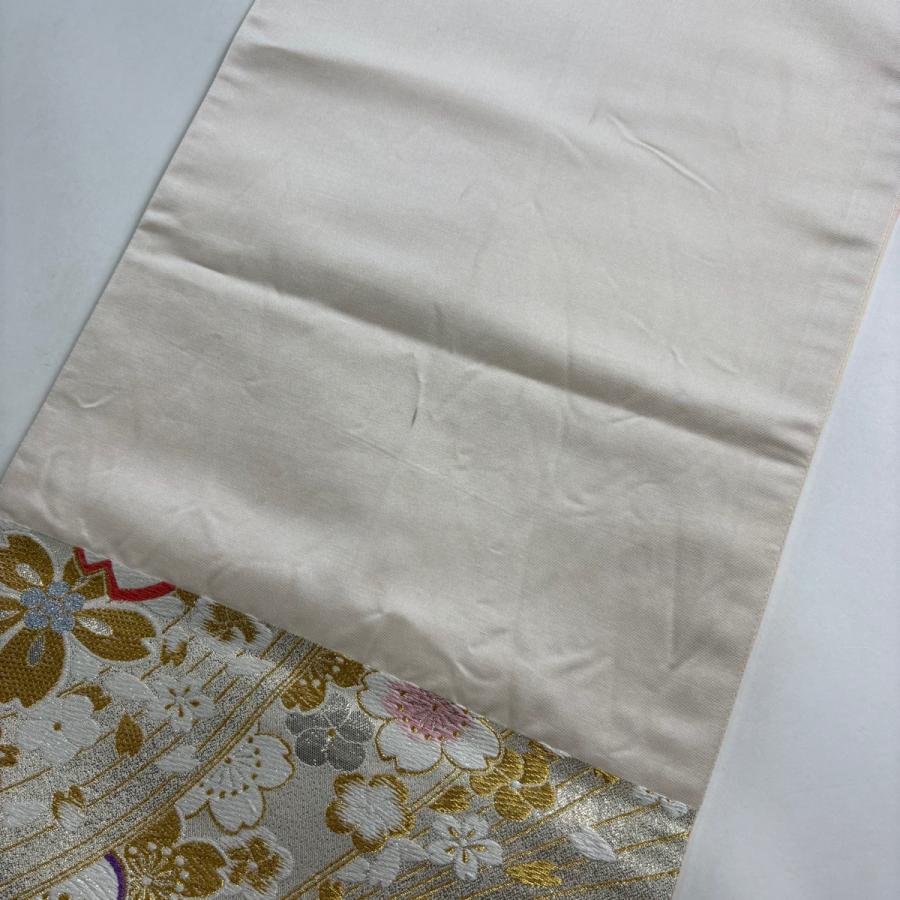 袋帯 秀品 振袖向き 桜 流水 唐織 金糸 クリーム 六通 正絹 中古