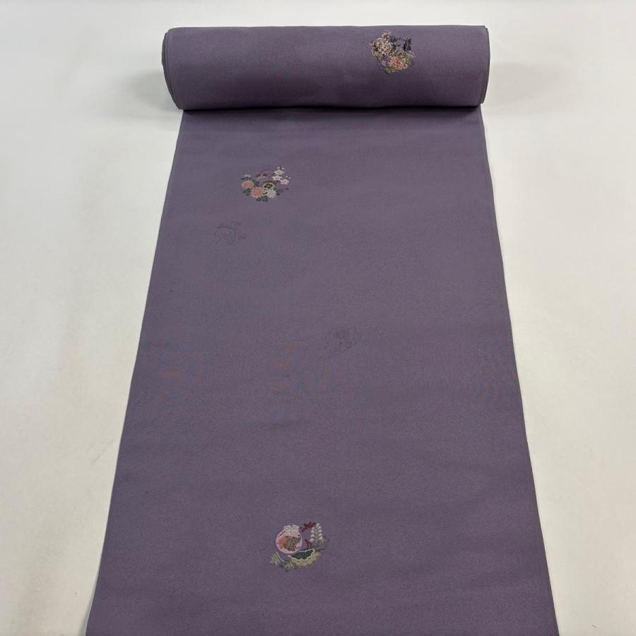 反物 名品 付下げ 堅牢染 草花 地紋 刺繍 ぼかし 灰紫 正絹 中古