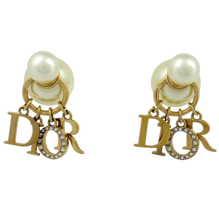 美品 DIOR ピアス ゴールド メタル レジンパール ラインストーン ピアス ディオール Dior ピアス メタル フェイクパール ラインストーン