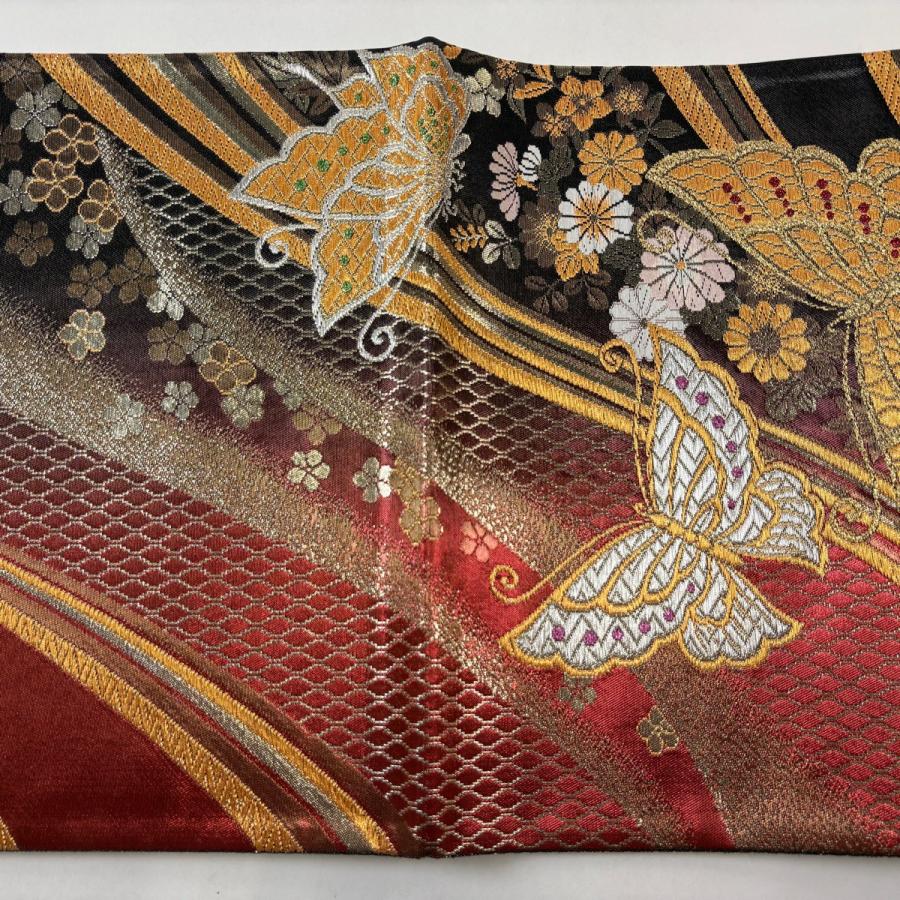 美品 袋帯 秀品 振袖向き 蝶 菊 金銀糸 箔 赤 六通 正絹 中古