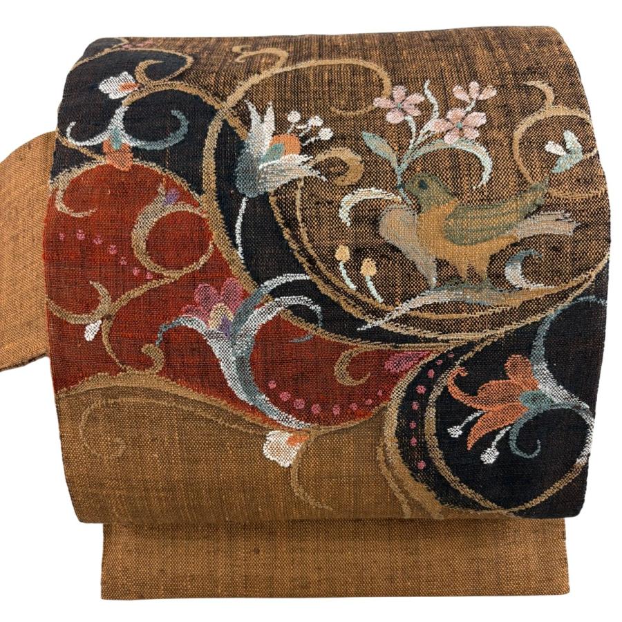 美品 名古屋帯 名品 渡文 落款あり 証紙あり 紬地 八寸名古屋帯 花喰い