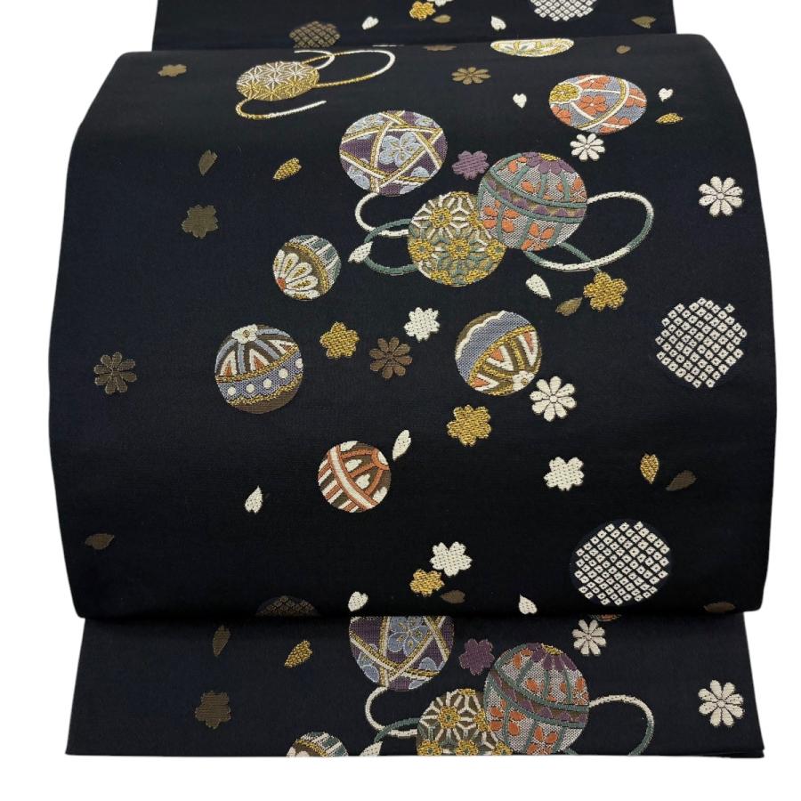 美品 袋帯 名品 手鞠 桜 金糸 箔 黒 六通 正絹 中古 : リユース