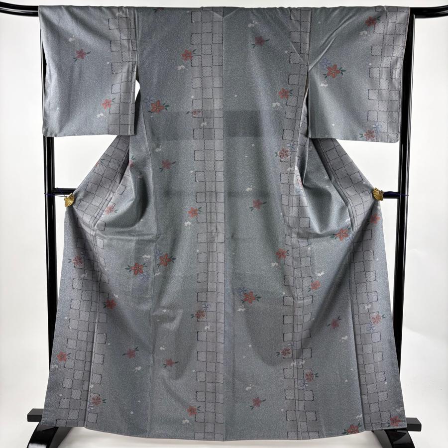 レディース 【美品】 小紋 身丈165cm 裄丈67cm M 袷 桜 うさぎ 青灰色 正絹