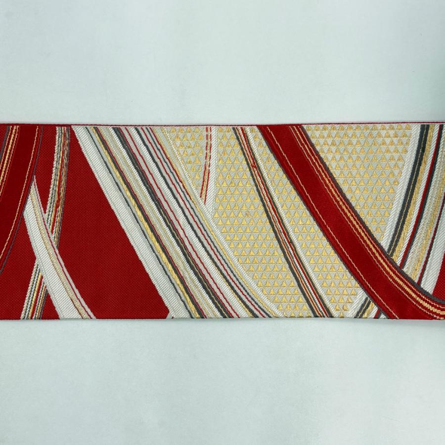 美品 名古屋帯 優品 八寸名古屋帯 鱗 幾何学模様 金糸 赤 正絹 中古