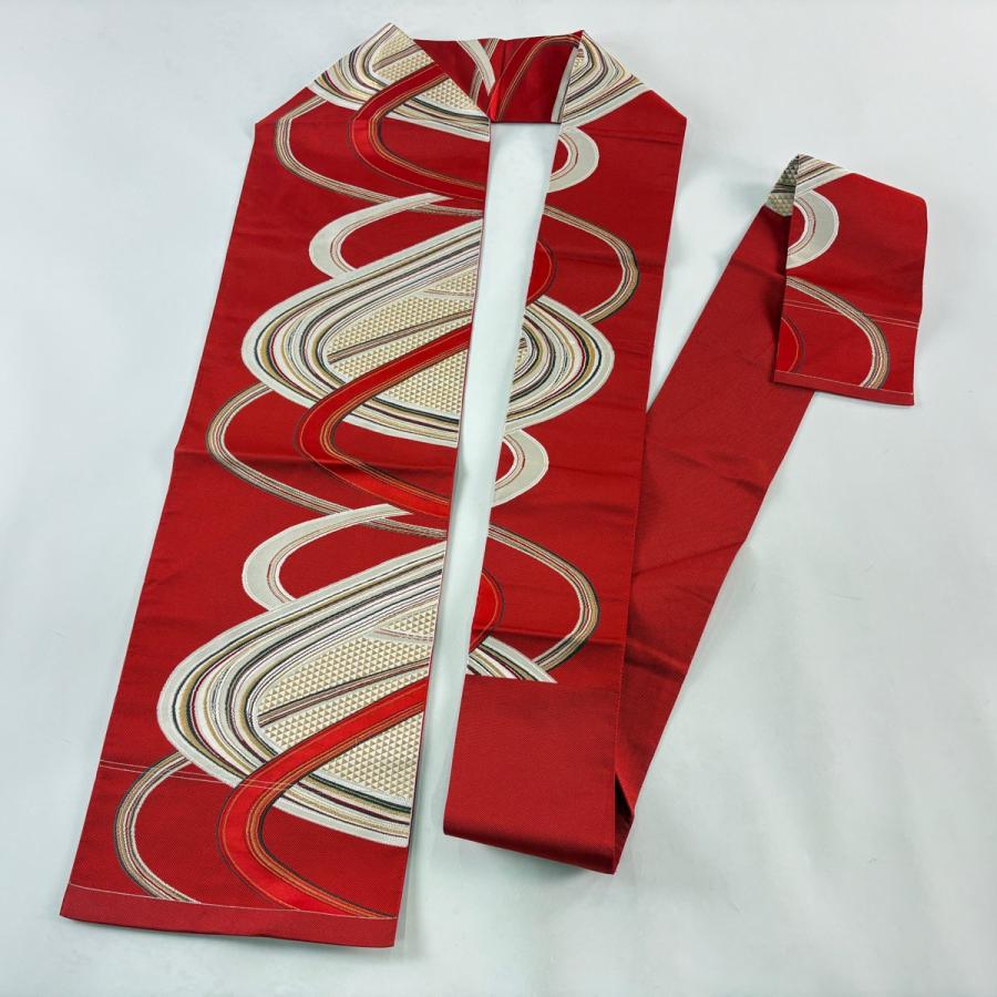 美品 名古屋帯 優品 八寸名古屋帯 鱗 幾何学模様 金糸 赤 正絹 中古