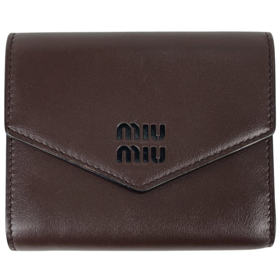 ミュウ Miu 三つ折り財布 ロゴ レザー ブラウン レディース 中古