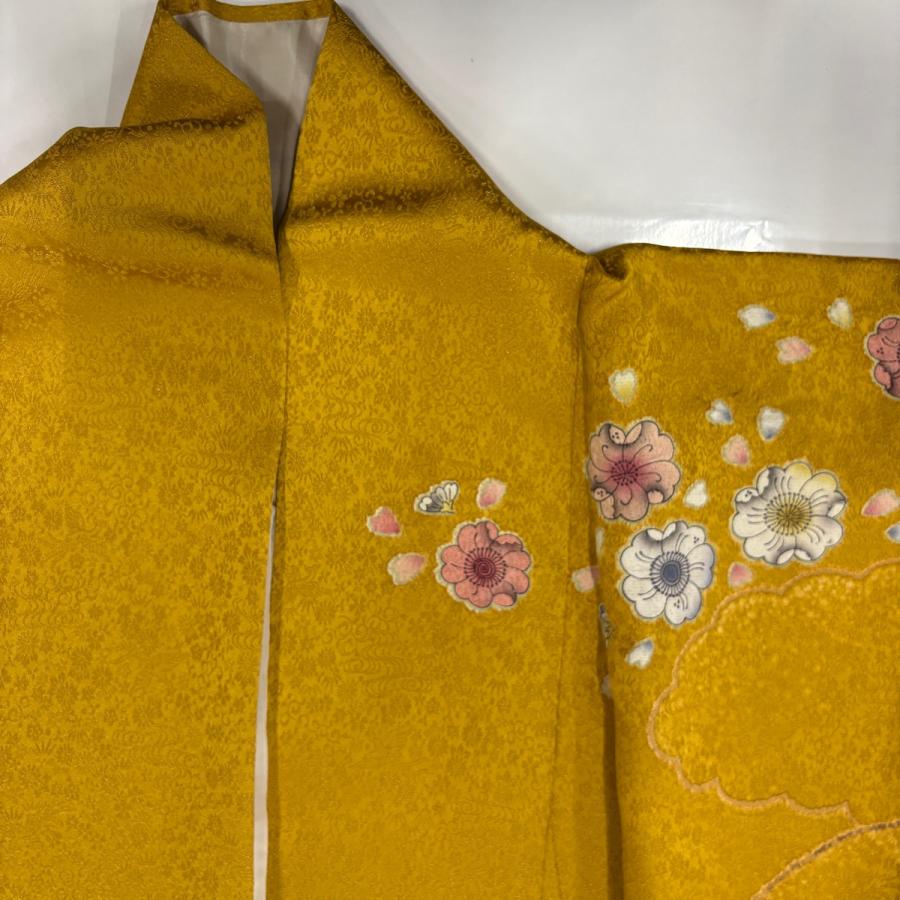美品 振袖 身丈174cm 裄丈72cm L 袷 樹木 辻が花柄 金通し 金彩 山吹色