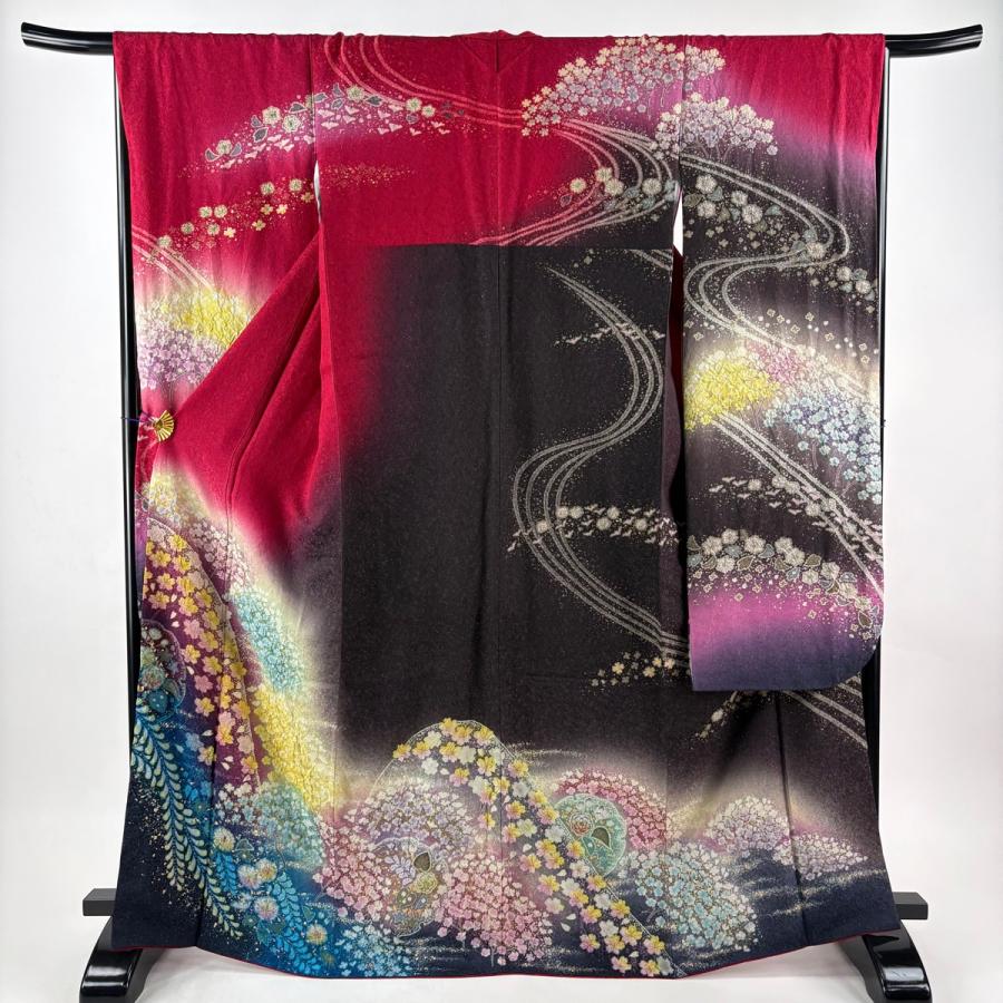 美品 振袖 身丈167.5cm 裄丈66cm M 袷 袋帯フルセット 辻が花 雪輪 銀