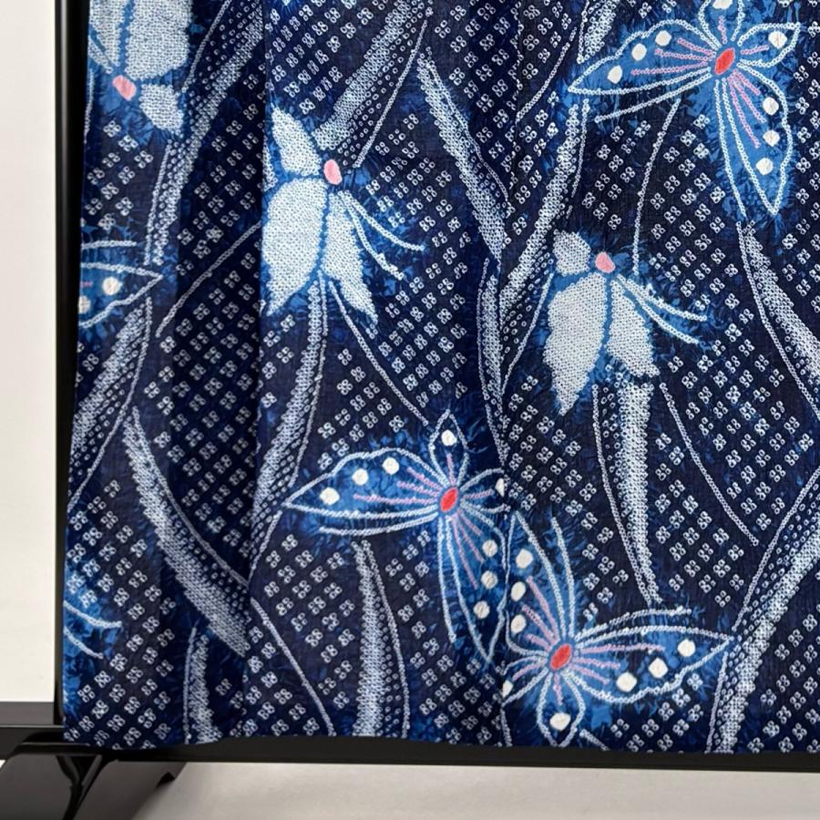 美品 浴衣 身丈159cm 裄丈64cm M 絞り浴衣 蝶 藍色 綿 名品 中古