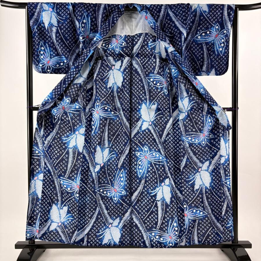 美品 浴衣 身丈159cm 裄丈64cm M 絞り浴衣 蝶 藍色 綿 名品 中古
