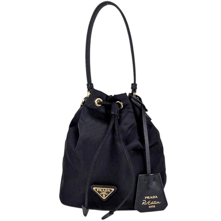 肉*ん様 プラダ ナイロン 巾着バッグ ブラック ハンドバッグ PRADA（プラダ） ハンドバッグ リナイロン ロゴプレート 2WAY 巾着