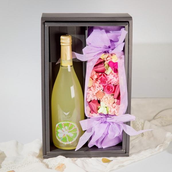 送料無料 プリザーブドフラワー小と発泡ゆず酒 セット Ohsplash YUZU  箱入 母の日 クリスマス 結婚祝 ギフト | 