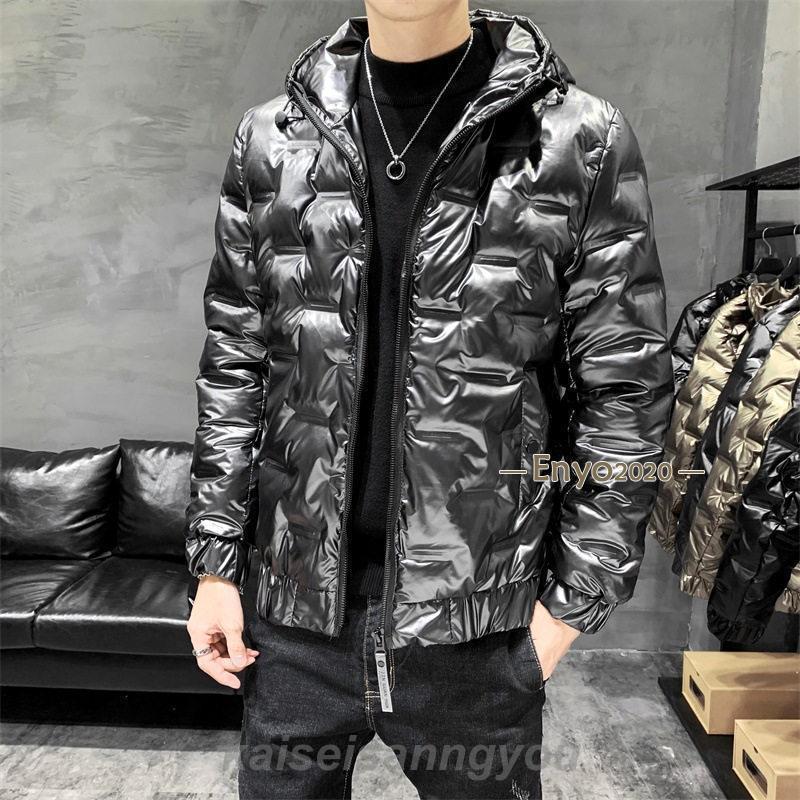 光沢のある黒 フード付きダウンジャケット ダウンコート メンズ フード付き エナメル 光沢 ショート コート