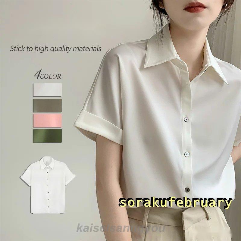 ブラウス レディース OL 半袖 シャツ サテン 無地 エレガント