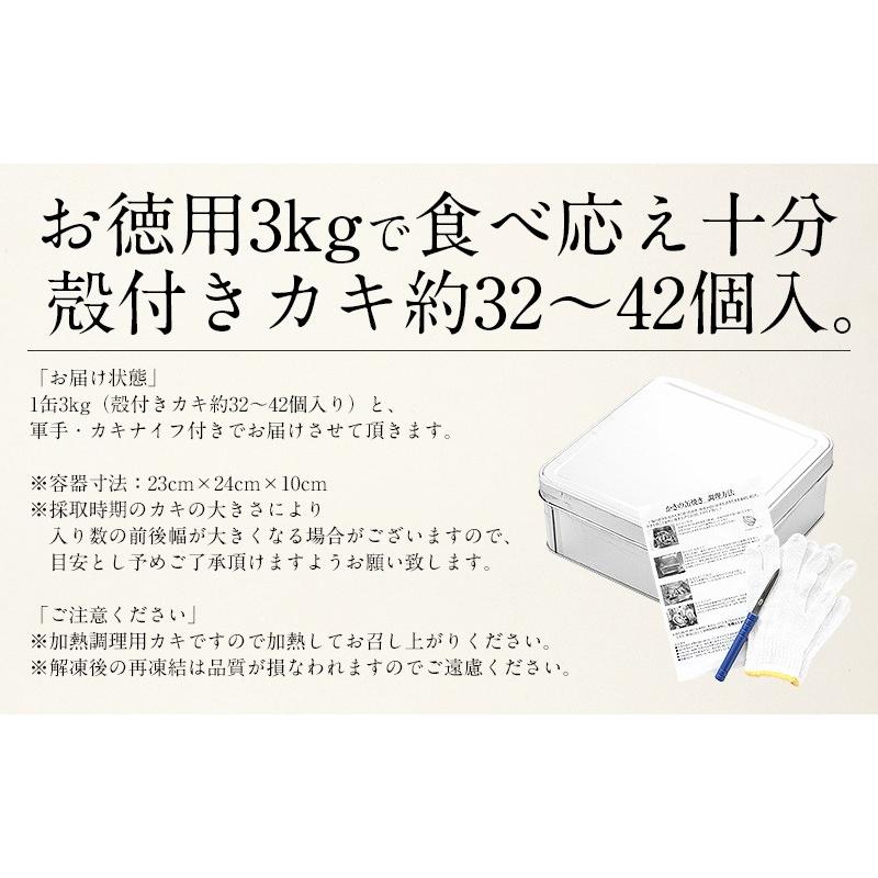 カキ 牡蠣 缶焼き かき 3kg（殻付き 約32〜42個） カンカン焼き 軍手 ナイフ付き 母の日 ギフト｜kaisenichibashioso｜09