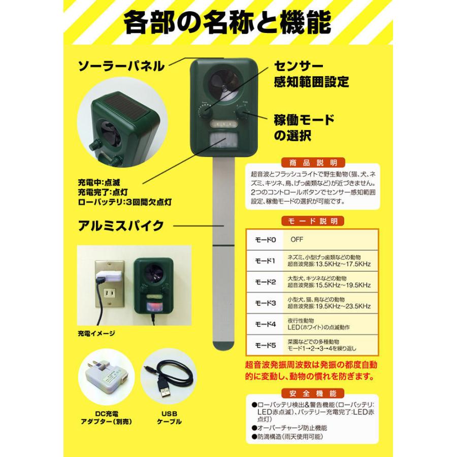 アニマルバリア ソーラー式×2台 猫よけ 充電可能 電池交換不要 猫撃退 猫退治 超音波 ねこよけ 害獣対策 庭 ガレージ 駐車場 IJ-ANB-03_6