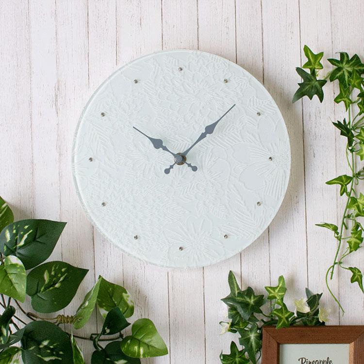 MAG 掛け時計 ガラス レース 花柄 ピンク ホワイト 白 ボタニカル