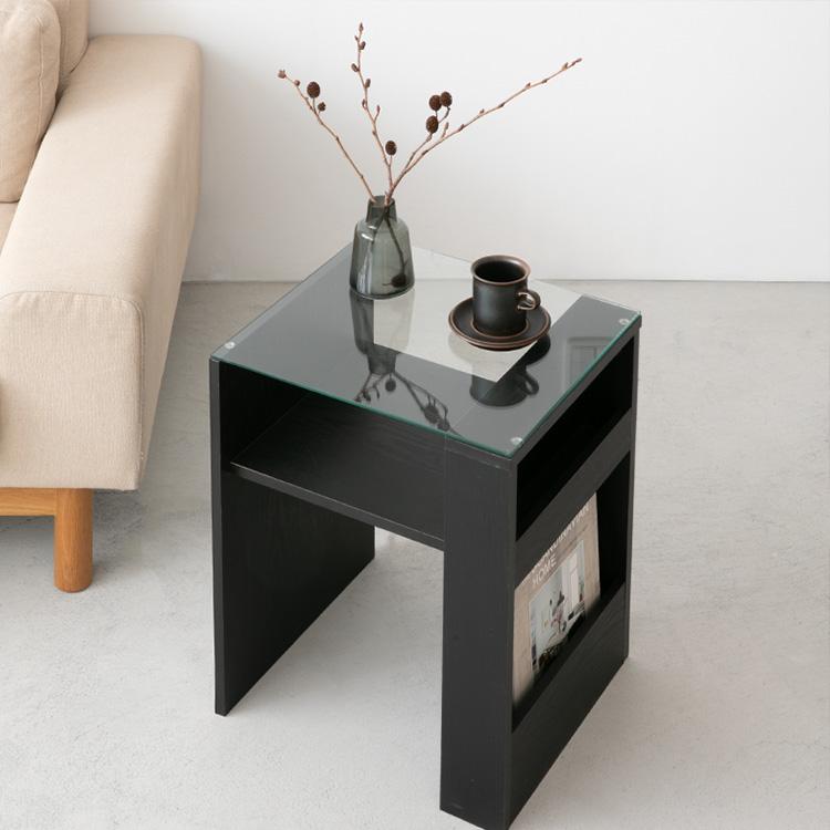 ガラスサイドテーブル ガラス天板 ブラックカラー ブックスタンド付き