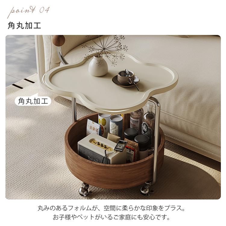 サイドテーブル キャスター付き 2段収納 ティーテーブル 北欧風 モダン 収納 丸角加工 焼付塗装 移動楽々 リビング 寝室 ベッド横 ソファ横 飾り台 収納ワゴン_6