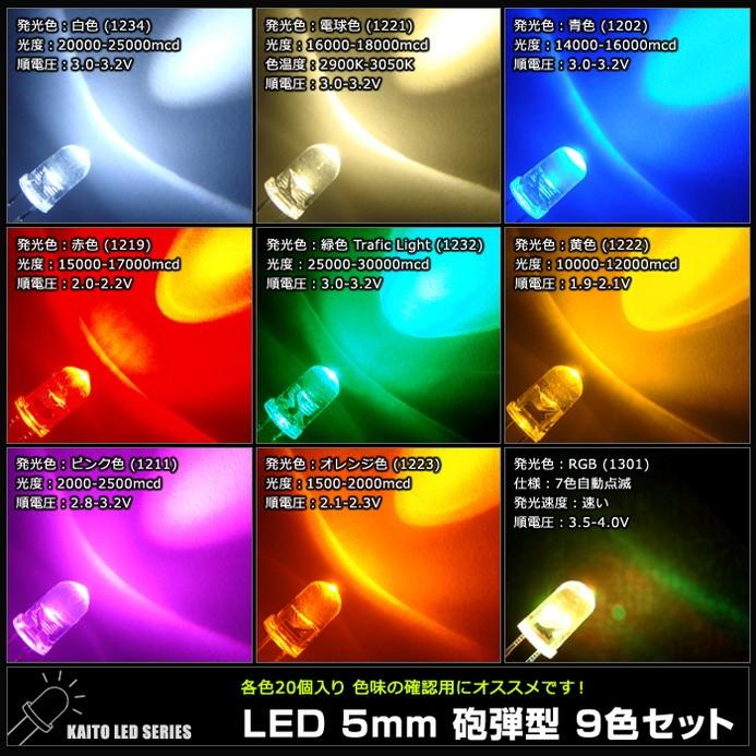 LED 5mm 砲弾型 9色セット 白 電球 青 赤 緑 黄 ピンク オレンジ RGB 各20個入り 計180個 :1209:Kaito Shop -  通販 - Yahoo!ショッピング
