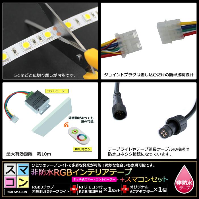 4本セット 非防水 RGB LEDテープライト RF調光器 【シームレス】 対応電源付き