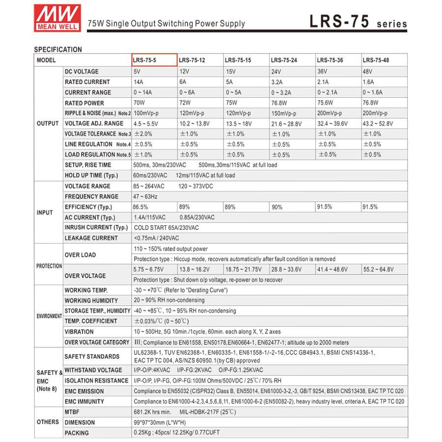 スイッチング電源 5V 14A 70W 直流安定化電源 Meanwell LRS-75-5 メタル製｜kaito-shop｜03