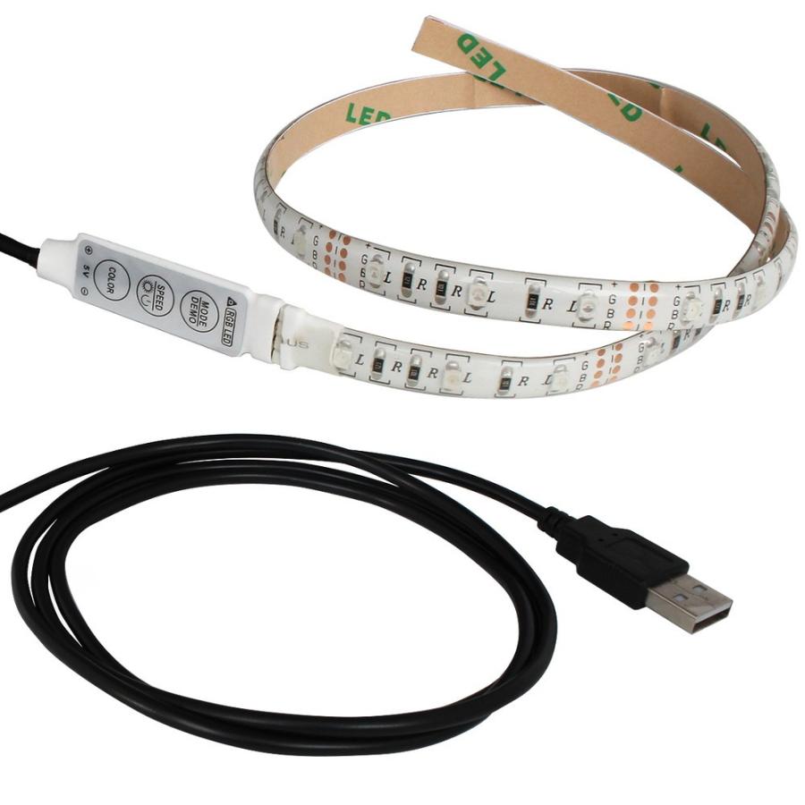 防水 USB 流れる LEDテープライト RGB カラフル ミニ調光付き 50cm DC5V 白ベース 50本