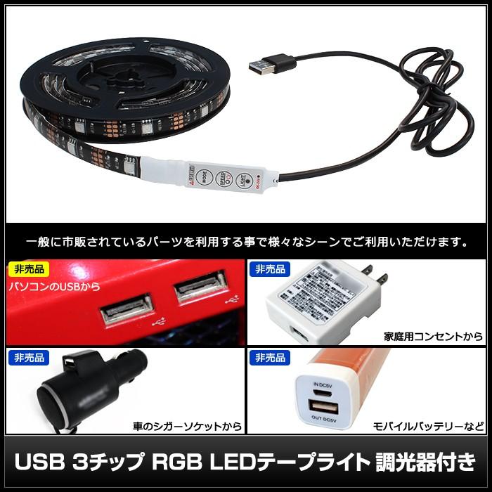 USB 防水 LEDテープライト RGB 多色発光 3チップ 1.5m 調光器付き DC5V