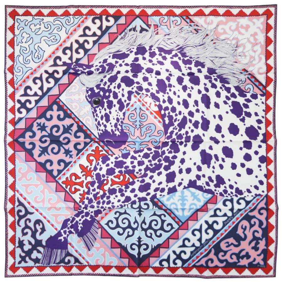 エルメス スカーフ Hs05 Hermes ソルド カレ ツイル シルク100 90cms Appaloosa Des Steppes ホワイト バイオレット