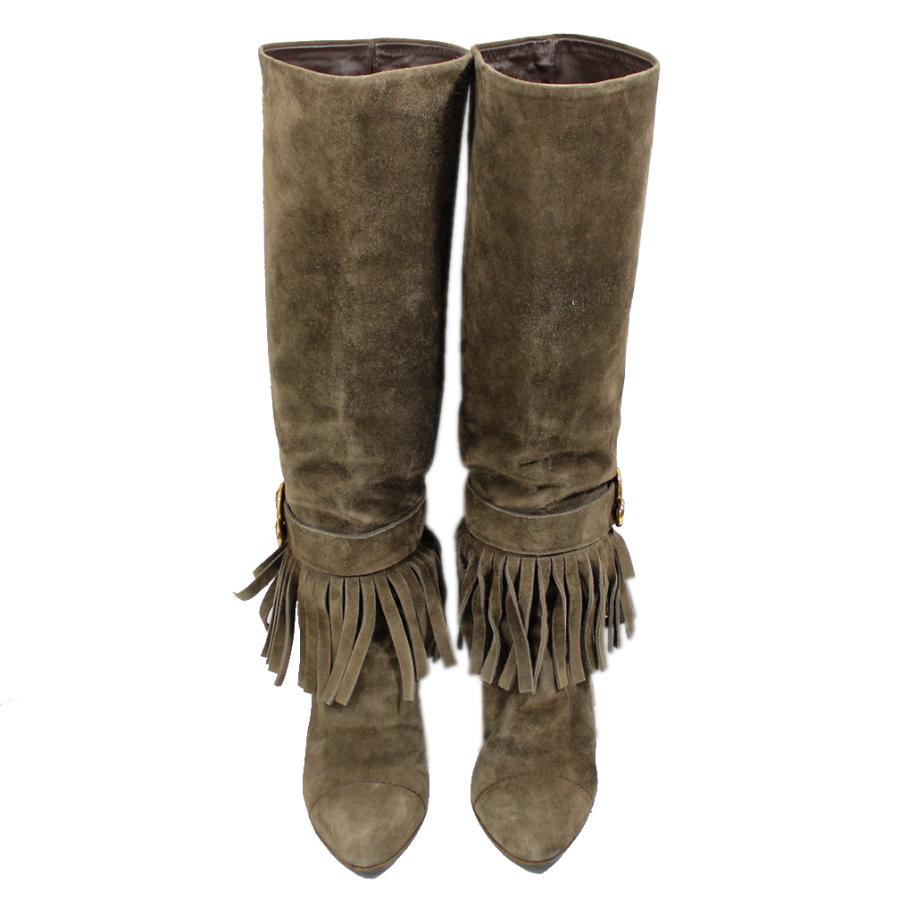 中古 ルイヴィトン 靴 LV スエード フリンジ ロングブーツ サイズ37 約