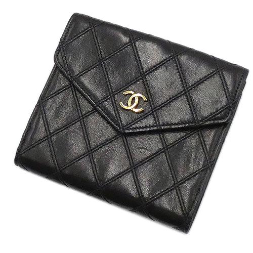 CHANELシャネルココマークWホック二つ折り財布ラムスキンブラック