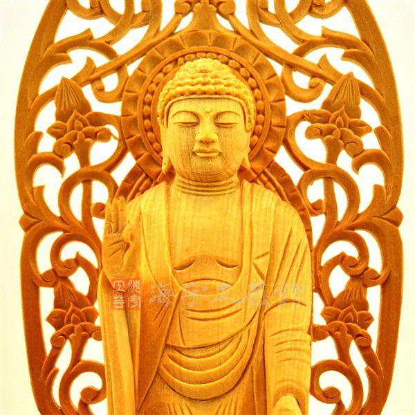 ☆舟形阿弥陀如来 唐草光背丸台 桧 立4.0寸 : 海宇工芸館 Yahoo!店