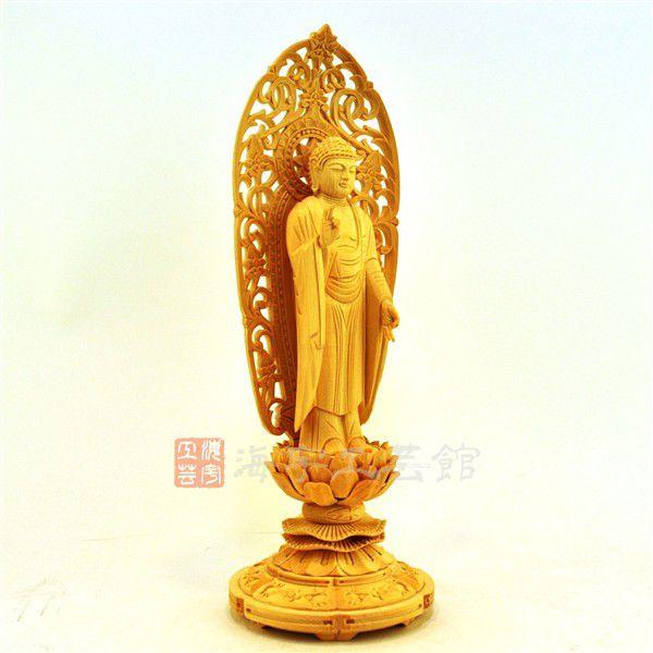 ☆舟形阿弥陀如来 唐草光背丸台 桧 立4.0寸 : 海宇工芸館 Yahoo!店