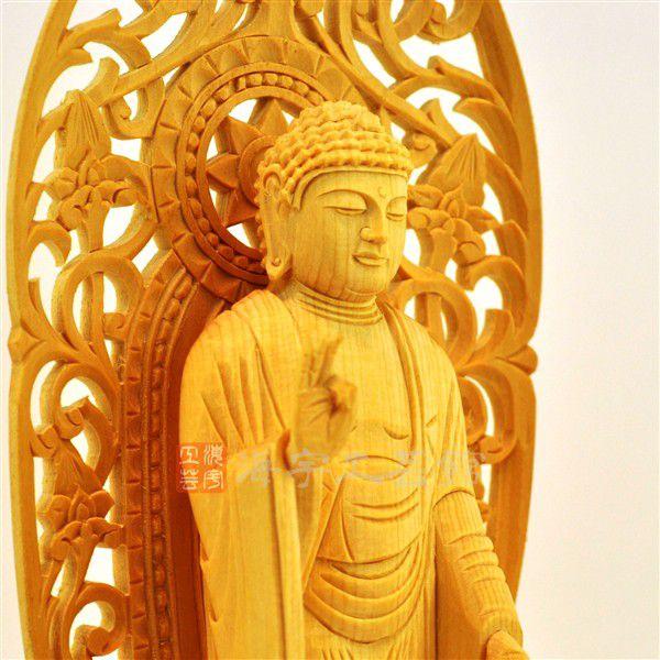 ☆舟形阿弥陀如来 唐草光背丸台 桧 立4.0寸 : 海宇工芸館 Yahoo!店