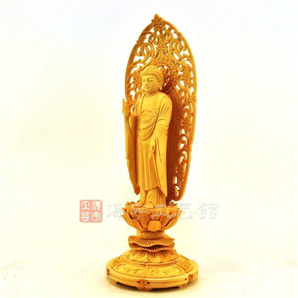 ☆舟形阿弥陀如来 唐草光背丸台 桧 立4.0寸 : 海宇工芸館 Yahoo!店