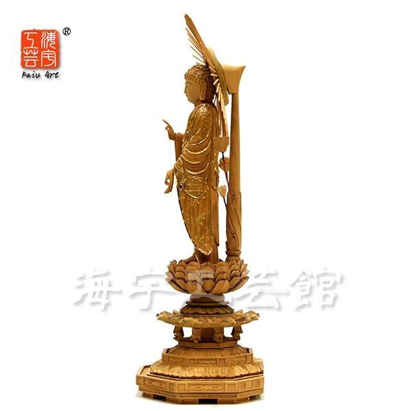 木彫り仏像 【東型阿弥陀如来】 眼入切金 放射光背八角台 肖楠木