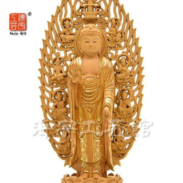 木彫り仏像 【舟型阿弥陀如来】 飛天光背八角台 肖楠木 眼入切金