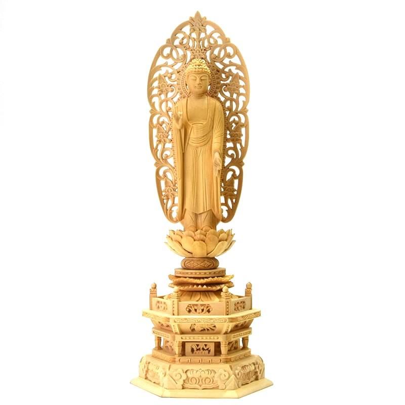 木彫り仏像 【舟形阿弥陀如来】 唐草光背六角台 桧木 立4.5寸 木彫り仏像 【舟形阿弥陀如来】 唐草光背六角台 桧木 立4.5寸
