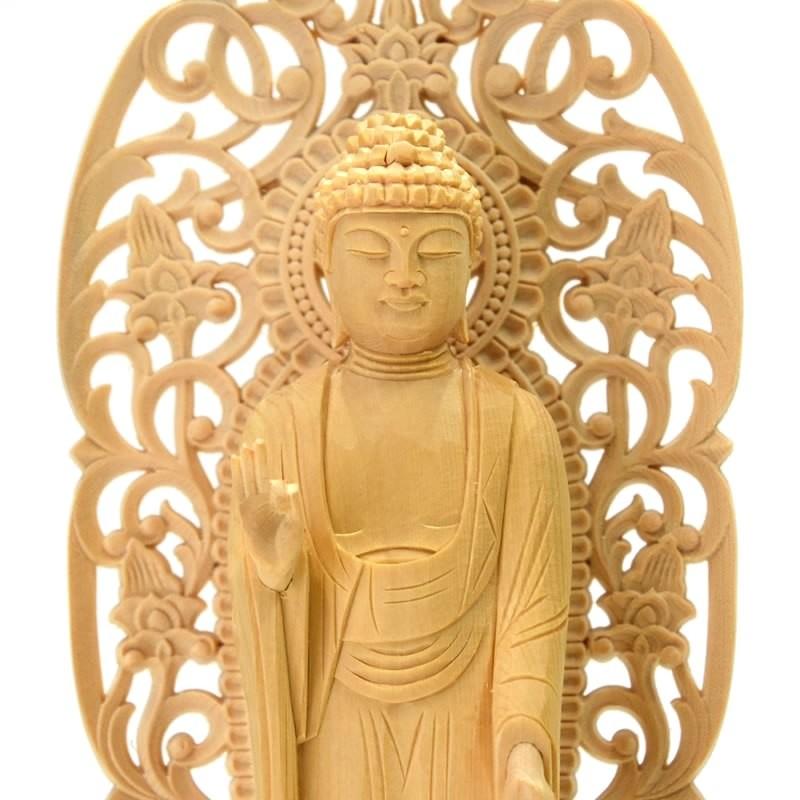 木彫り仏像 【舟形阿弥陀如来】 唐草光背六角台 桧木 立4.5寸 木彫り仏像 【舟形阿弥陀如来】 唐草光背六角台 桧木 立4.5寸