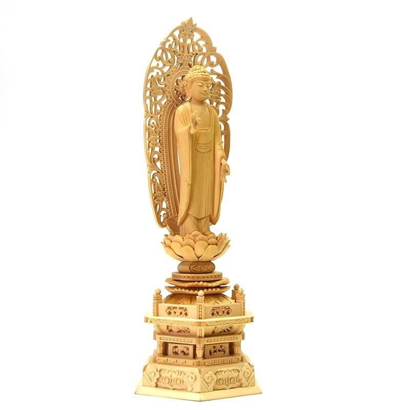 木彫り仏像 【舟形阿弥陀如来】 唐草光背六角台 桧木 立4.5寸 木彫り仏像 【舟形阿弥陀如来】 唐草光背六角台 桧木 立4.5寸