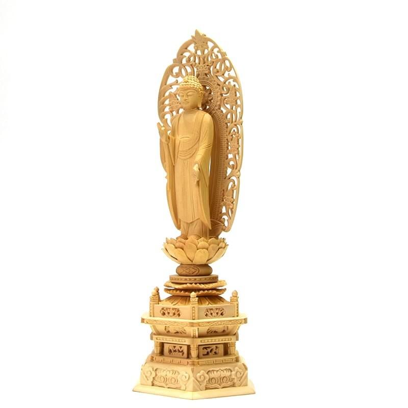 木彫り仏像 【舟形阿弥陀如来】 唐草光背六角台 桧木 立4.5寸 木彫り仏像 【舟形阿弥陀如来】 唐草光背六角台 桧木 立4.5寸