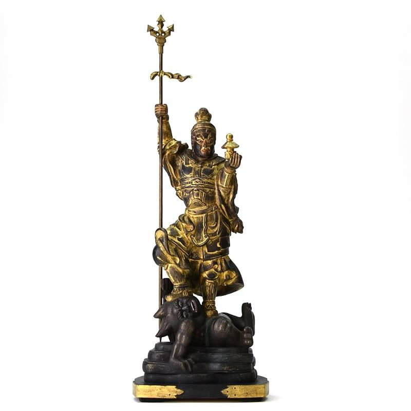 木彫り仏像 【毘沙門天像】 檀木（ダンモク） 古美色 立5.0寸 「武道