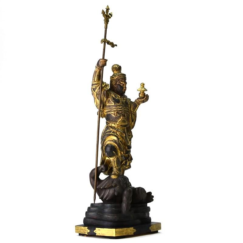 木彫り仏像 【毘沙門天像】 檀木（ダンモク） 古美色 立5.0寸 「武道