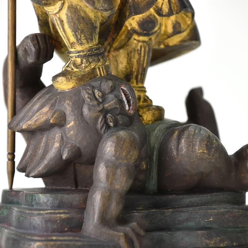木彫り仏像 【毘沙門天像】 檀木（ダンモク） 古美色 立5.0寸 「武道