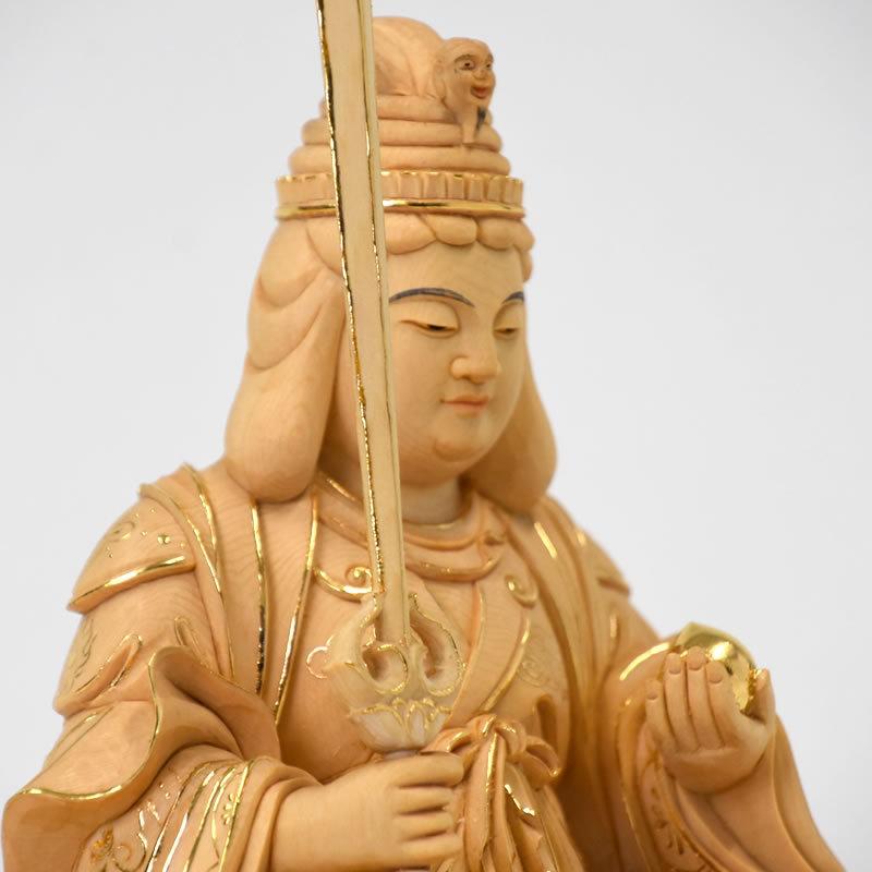 木彫り仏像 　上彫【宇賀弁財天（弁才天）座像】　桧木　坐4.0寸　切金