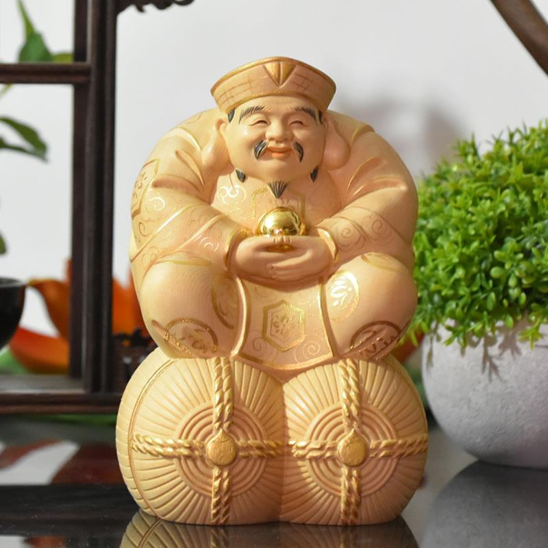 開運招福-木彫り 仏像 【宝珠大黒天（大国主神）】 桧木 坐2.5寸 金泥