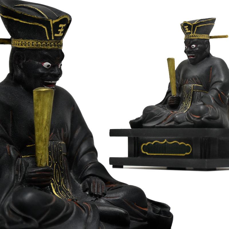 木彫り 仏像 【閻魔大王】 桧木 坐2.5寸 古色 総高約13cm : 海宇