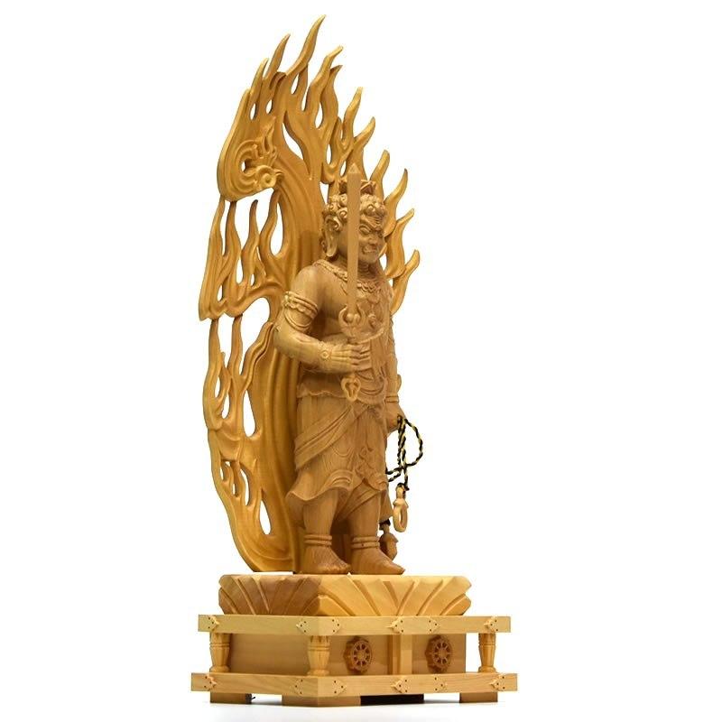 木彫り仏像 【不動明王立像】 火炎光背四角台 柘植 立4.0寸 総高約23.5